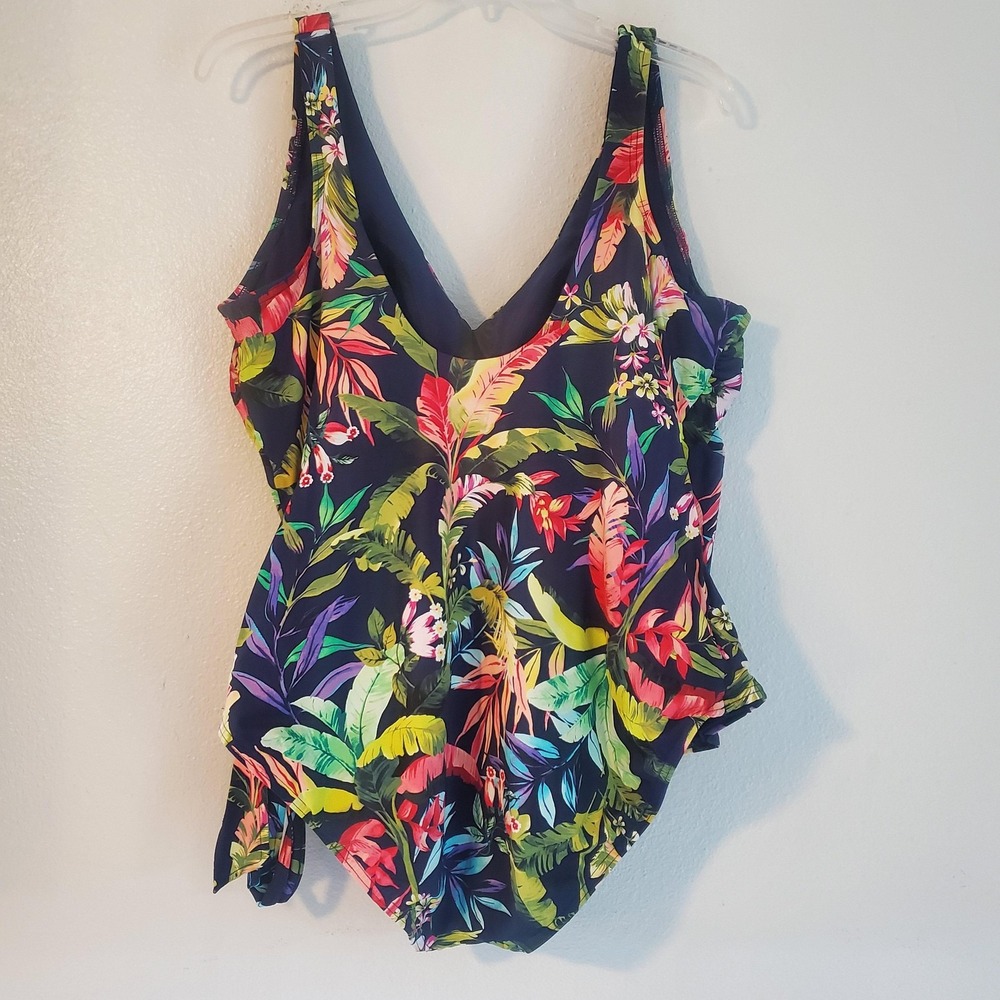 Lands End Swimsuit Womens 18 Blue Tropical Floral One Piece Tummy Control Ruched - Picture 4 of 8